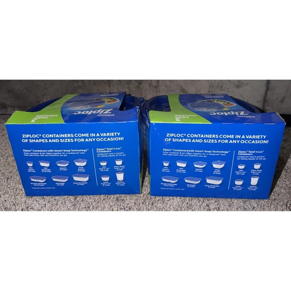2 New Ziploc Plastic Food Storage Containers, Deep Square, 3 Count, Clear 1.25qt